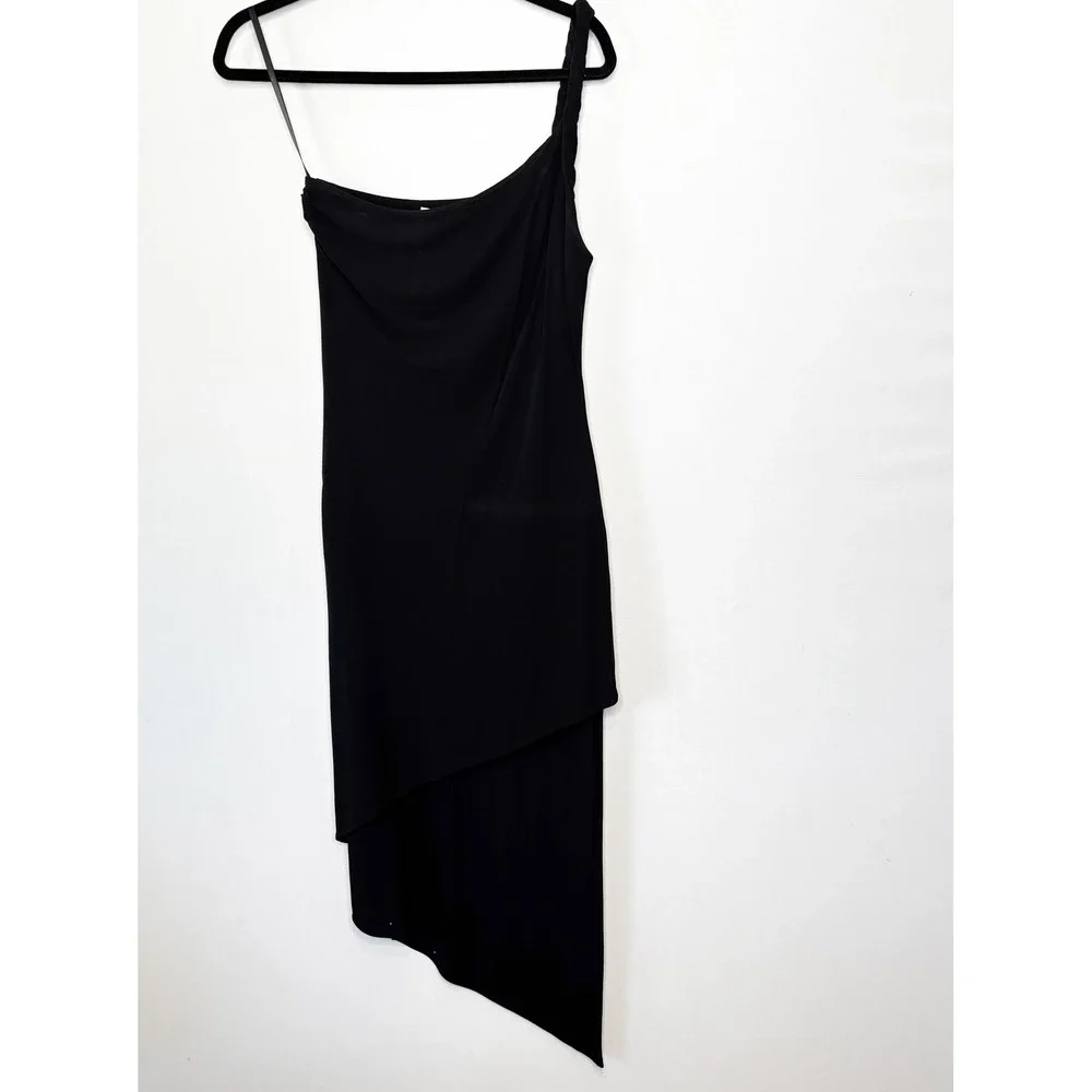 90s Cache Rolled One Shoulder Asymmetrical Hem Draped Midi Dress Black Size M - Picture 10 of 10